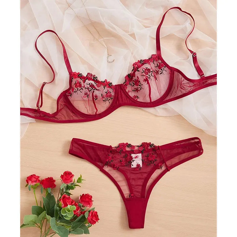 Ensemble deux pièces de lingerie transparente pour femme, string, soutiens-gorge push-up intimes, broderie, impression nœud papillon, sous-vêtements, vin, nouveau