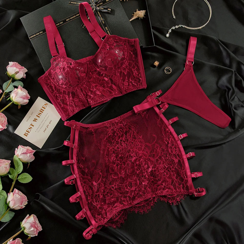 Ensembles de Lingerie sensuelle fantaisie, jarretelles ajourées sur le côté, sous-vêtements pour femmes, transparent en dentelle chaude, nouveaux tenues