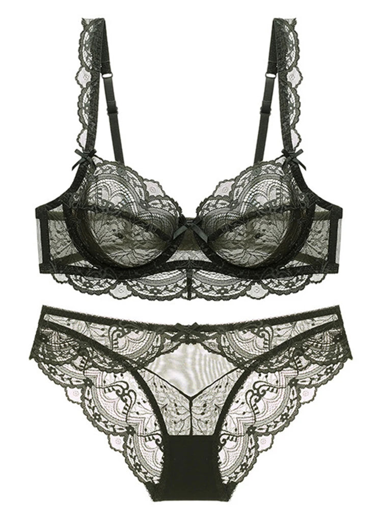 Ensemble soutien-gorge et culotte en dentelle transparente ultra fine pour femme, sous-vêtements sexy, lingerie, brassières, bonnets A B C D E, 95C 95D