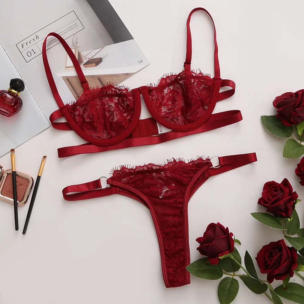Lingerie femme dentelle sous-vêtements transparents fée broderie slips ensembles Kit de soutien-gorge délicat Push Up Breves ensembles