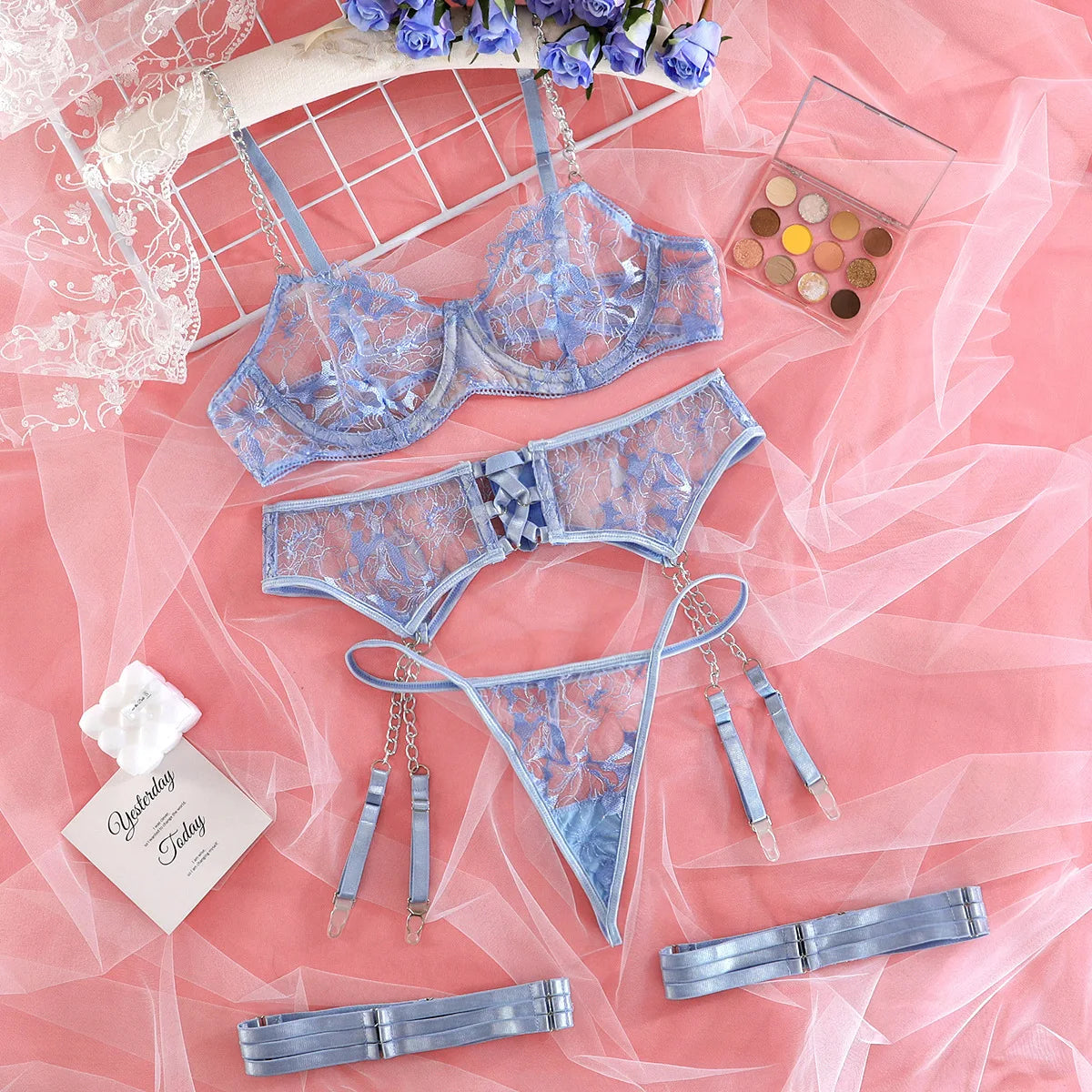 Femmes dentelle soutien-gorge string porte-jarretelles chaînes rose Transparent Lingerie ensemble exotique quatre pièces broderie florale Costume érotique