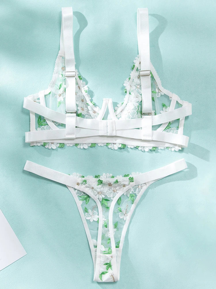 Ensemble soutien-gorge et slip Sexy, broderie florale, mode romantique, sous-vêtements transparents Ultra fins, fleurs transparentes, ensemble exotique
