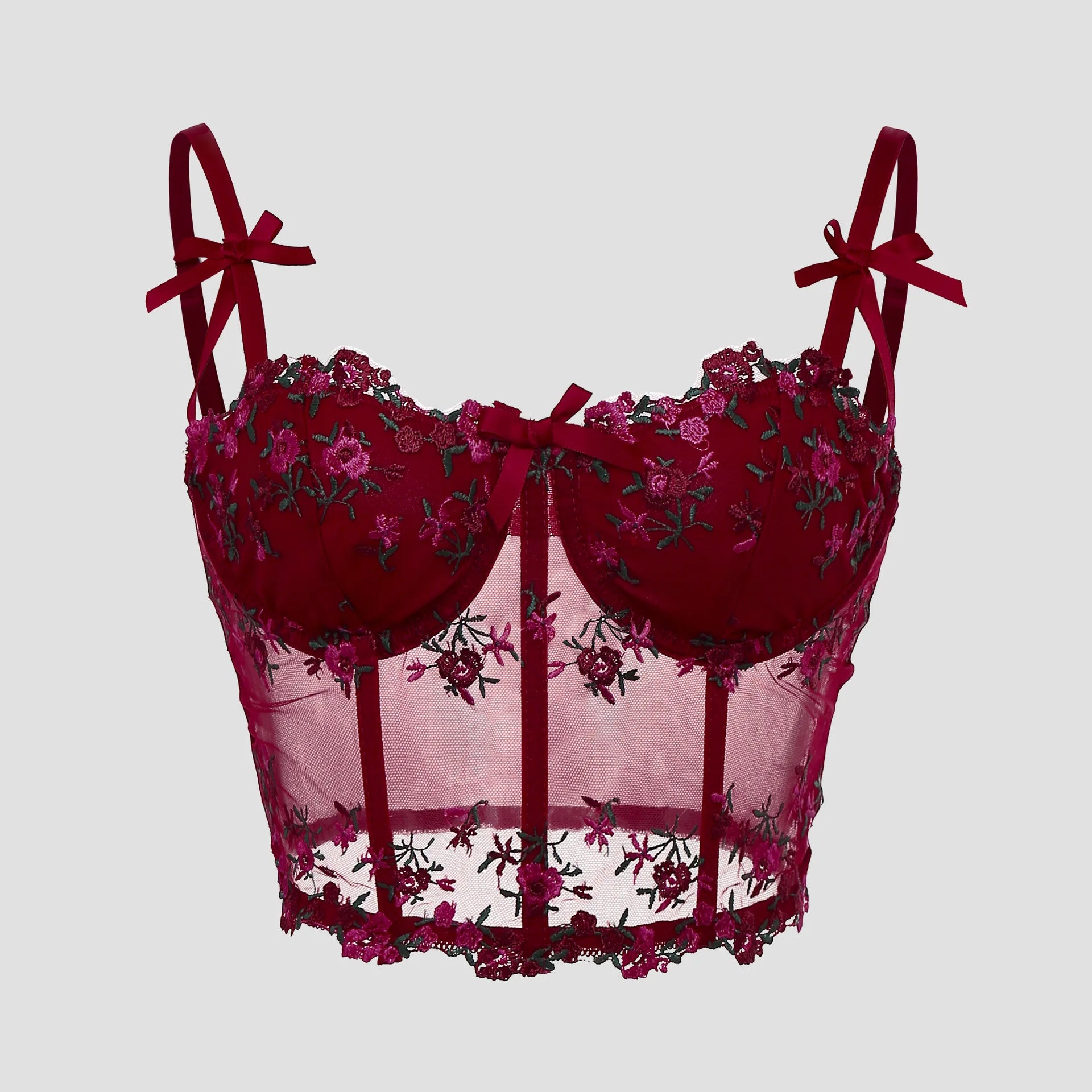Corset Sexy en dentelle avec nœud brodé de fleurs pour femmes, Camisole en maille transparente, haut court Slim, soutien-gorge filaire, Lingerie de Festival