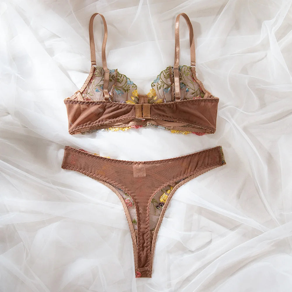 Ensemble soutien-gorge et culotte à fleurs pour femmes, ensemble deux pièces avec perspective, sous-vêtements sans censure, vêtements nette, sexy, 1300 ere, XXX