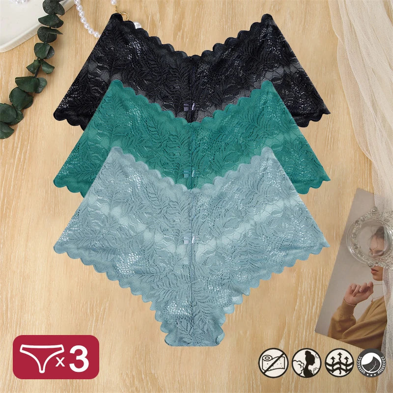 3 pièces femmes Sexy dentelle culottes Perspective florale Uderwear couleur unie intimes Boyshort femme taille en V respirant doux Lingerie