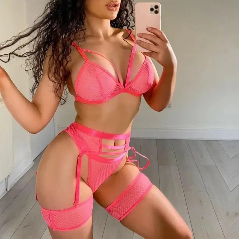 Ensemble de Lingerie Sexy grande taille pour femmes, soutien-gorge et culotte transparents en dentelle, beau ensemble de Lingerie, col en V profond, ensemble de sous-vêtements
