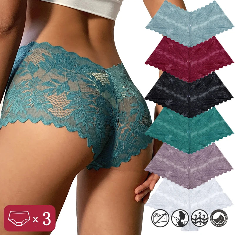 3 pièces femmes Sexy dentelle culottes Perspective florale Uderwear couleur unie intimes Boyshort femme taille en V respirant doux Lingerie