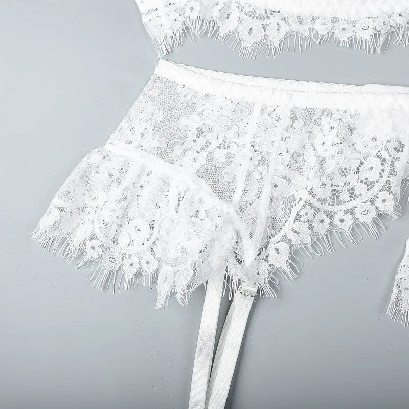 Toucheart-Ensemble de sous-vêtements en dentelle sexy pour femmes, jarretières transparentes en maille, document solide, ensemble de lingerie sexy, 4 pièces