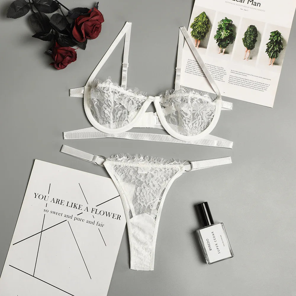 Lingerie femme dentelle sous-vêtements transparents fée broderie slips ensembles Kit de soutien-gorge délicat Push Up Breves ensembles