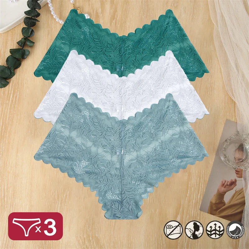 3 pièces femmes Sexy dentelle culottes Perspective florale Uderwear couleur unie intimes Boyshort femme taille en V respirant doux Lingerie