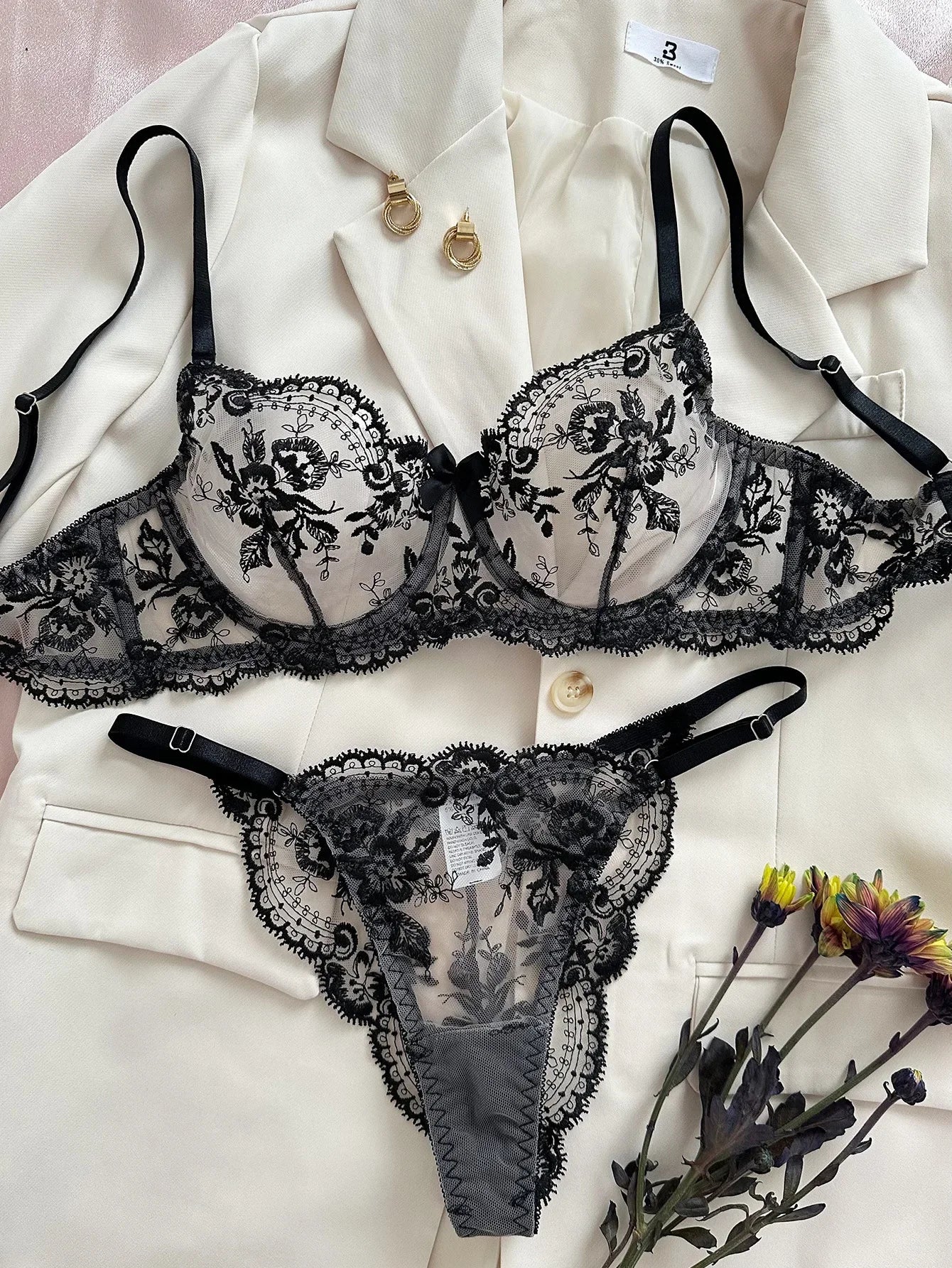 Ensemble de lingerie brodée florale pour femmes, bralette et culotte sexy en maille transparente, ensemble de soutien-gorge confortable pour un usage quotidien/fête