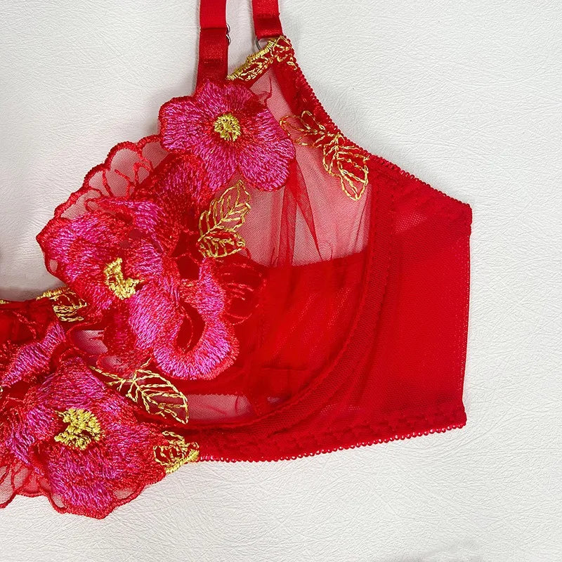 Ensemble soutien-gorge et slip Sexy pour femmes, maille transparente brodée en dentelle avec plusieurs couleurs, bretelles, soutien-gorge push-up érotique