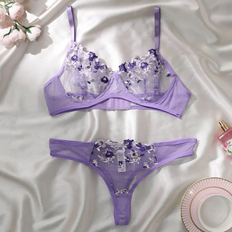 Ensemble deux pièces de lingerie transparente pour femme, string, soutiens-gorge push-up intimes, broderie, impression nœud papillon, sous-vêtements, vin, nouveau