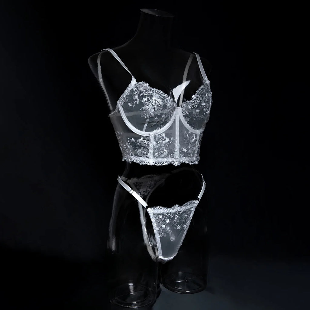 Romantique Sexy femme Lingere élégant Boudoir Corset soutien-gorge Hilitos 2PC ensemble voir à travers brodé français femme sous-vêtements