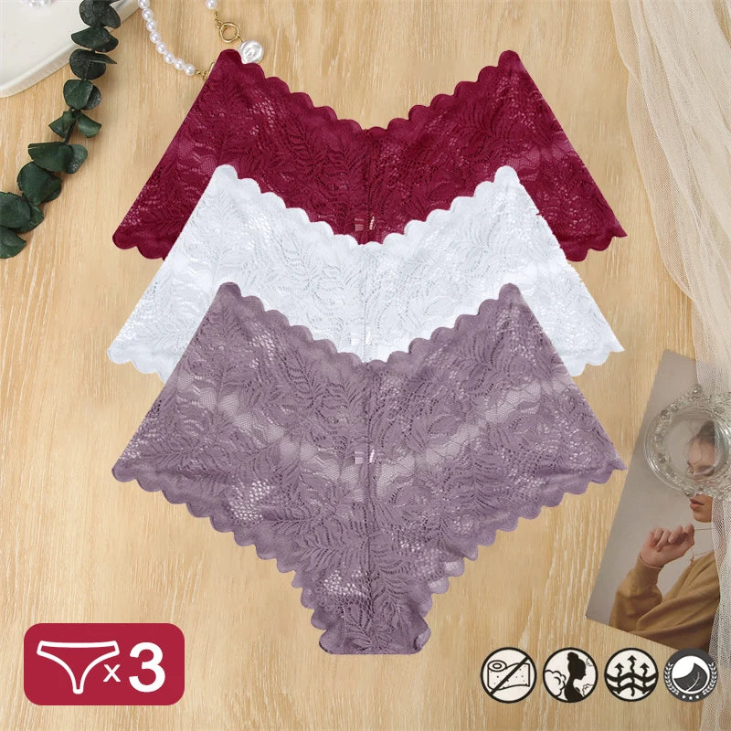 3 pièces femmes Sexy dentelle culottes Perspective florale Uderwear couleur unie intimes Boyshort femme taille en V respirant doux Lingerie