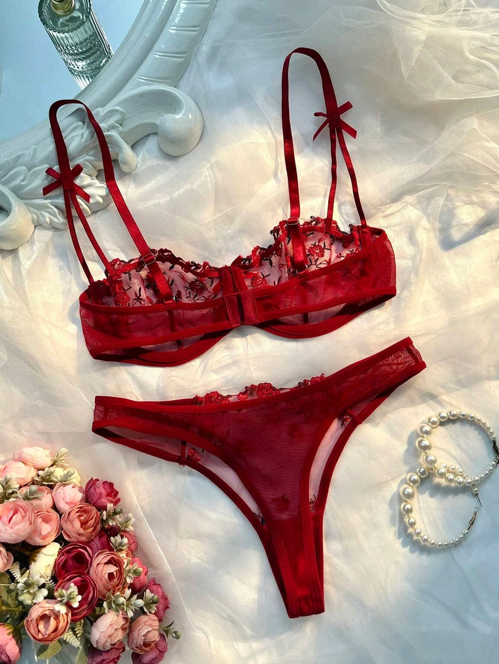 Ensemble deux pièces de lingerie transparente pour femme, string, soutiens-gorge push-up intimes, broderie, impression nœud papillon, sous-vêtements, vin, nouveau