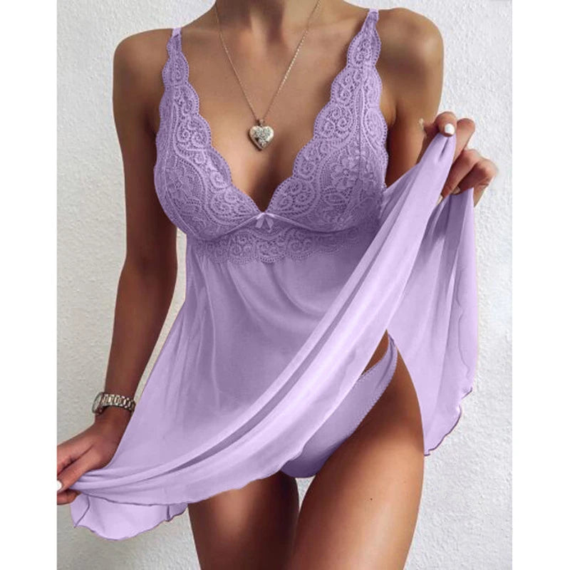 Chemise de nuit en dentelle transparente pour femmes, sous-vêtements, entrejambe ouvert, lingerie, grande taille, vêtements de nuit pour dames, vêtements de nuit sexy