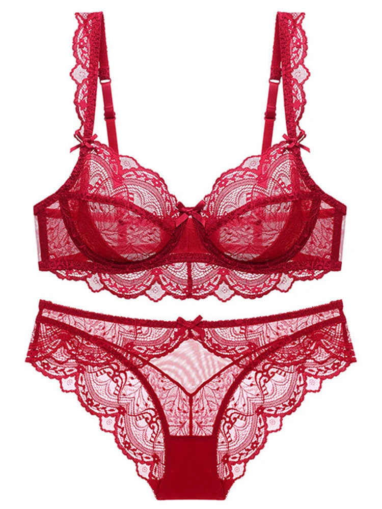 Ensemble soutien-gorge et culotte en dentelle transparente ultra fine pour femme, sous-vêtements sexy, lingerie, brassières, bonnets A B C D E, 95C 95D