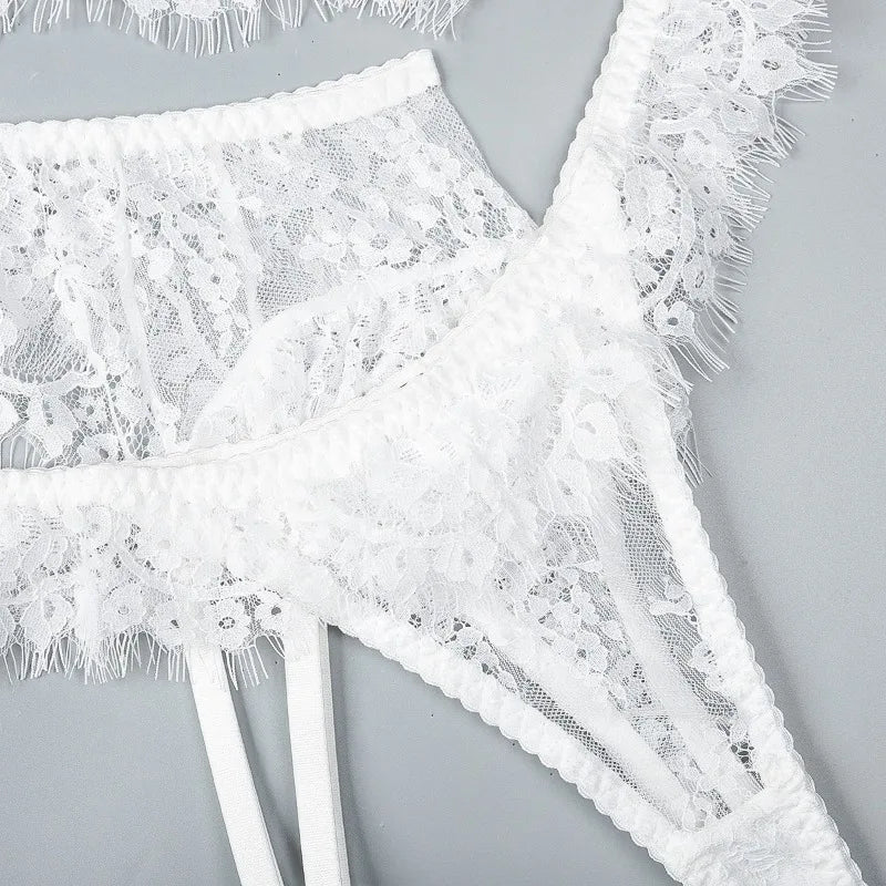 Toucheart-Ensemble de sous-vêtements en dentelle sexy pour femmes, jarretières transparentes en maille, document solide, ensemble de lingerie sexy, 4 pièces