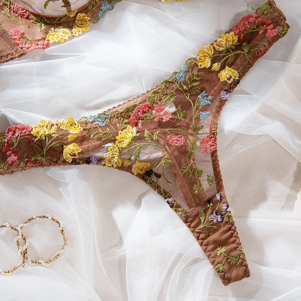 Ensemble soutien-gorge et culotte à fleurs pour femmes, ensemble deux pièces avec perspective, sous-vêtements sans censure, vêtements nette, sexy, 1300 ere, XXX