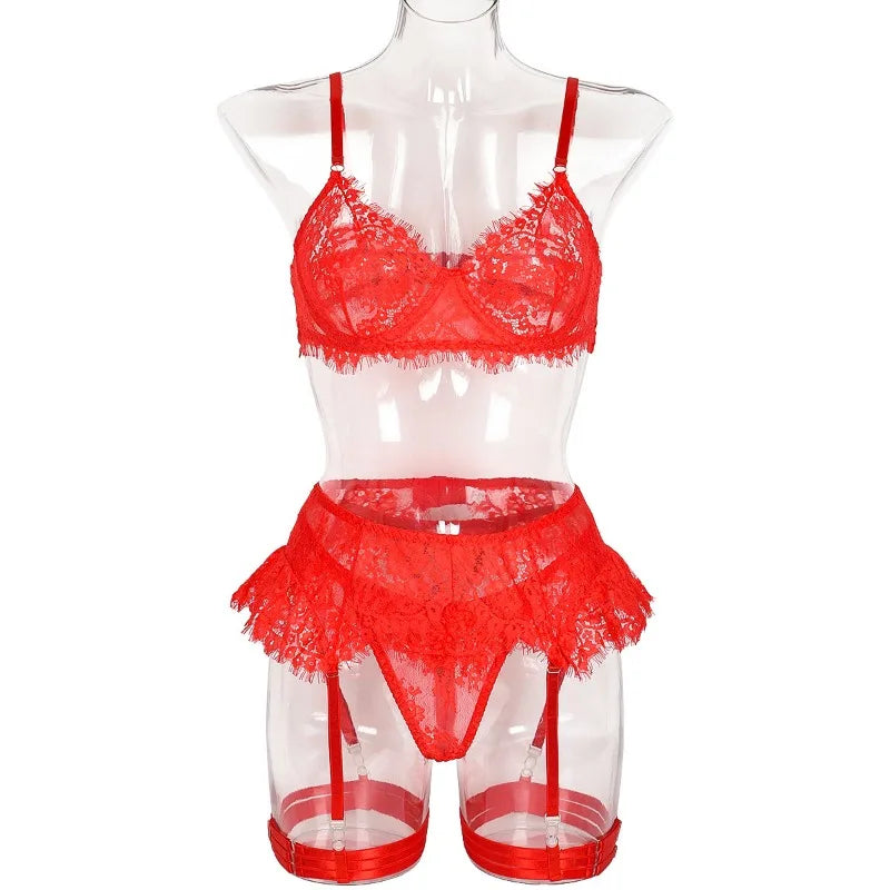Toucheart-Ensemble de sous-vêtements en dentelle sexy pour femmes, jarretières transparentes en maille, document solide, ensemble de lingerie sexy, 4 pièces