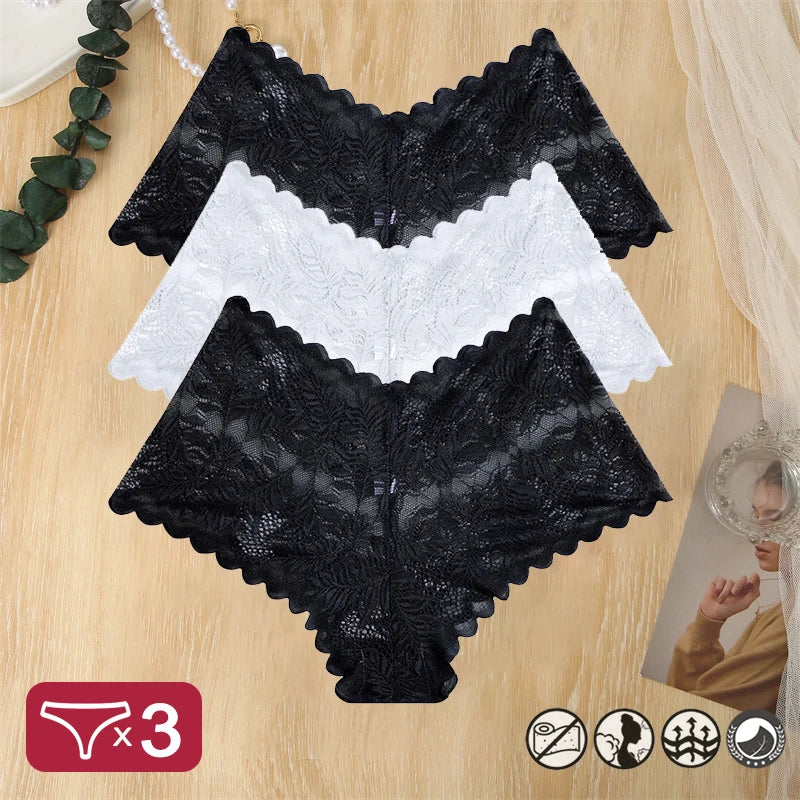 3 pièces femmes Sexy dentelle culottes Perspective florale Uderwear couleur unie intimes Boyshort femme taille en V respirant doux Lingerie