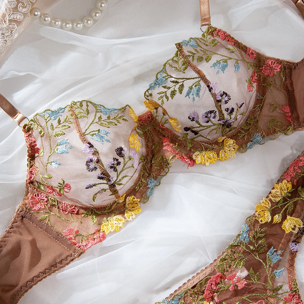 Ensemble soutien-gorge et culotte à fleurs pour femmes, ensemble deux pièces avec perspective, sous-vêtements sans censure, vêtements nette, sexy, 1300 ere, XXX