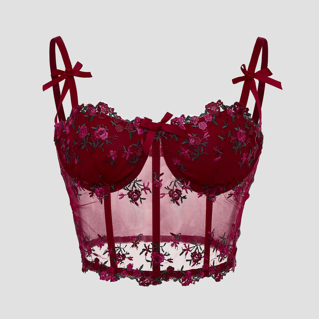Corset Sexy en dentelle avec nœud brodé de fleurs pour femmes, Camisole en maille transparente, haut court Slim, soutien-gorge filaire, Lingerie de Festival