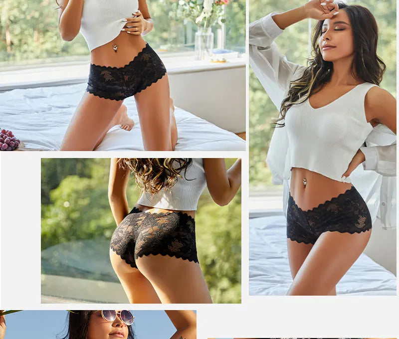 3 pièces femmes Sexy dentelle culottes Perspective florale Uderwear couleur unie intimes Boyshort femme taille en V respirant doux Lingerie