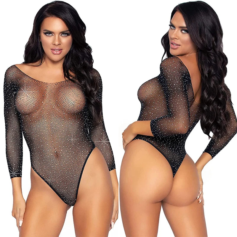 Lingerie Sexy pour femmes, haut à manches longues, haute élasticité, strass, body, grande taille, maille, tentation, short une pièce