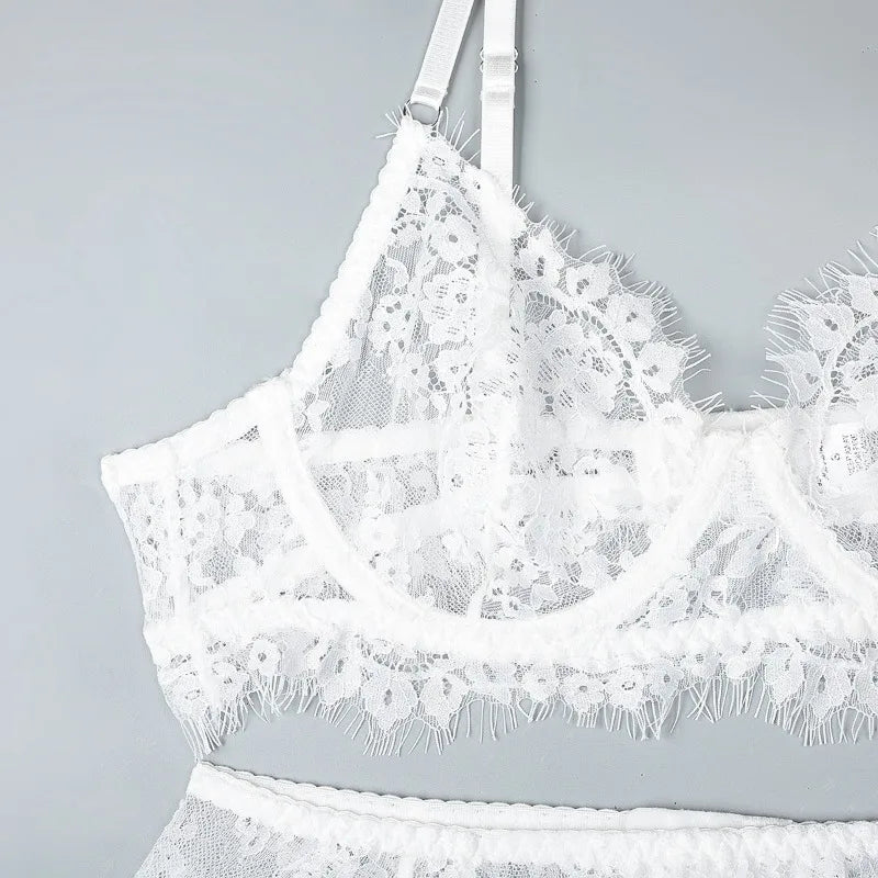 Toucheart-Ensemble de sous-vêtements en dentelle sexy pour femmes, jarretières transparentes en maille, document solide, ensemble de lingerie sexy, 4 pièces