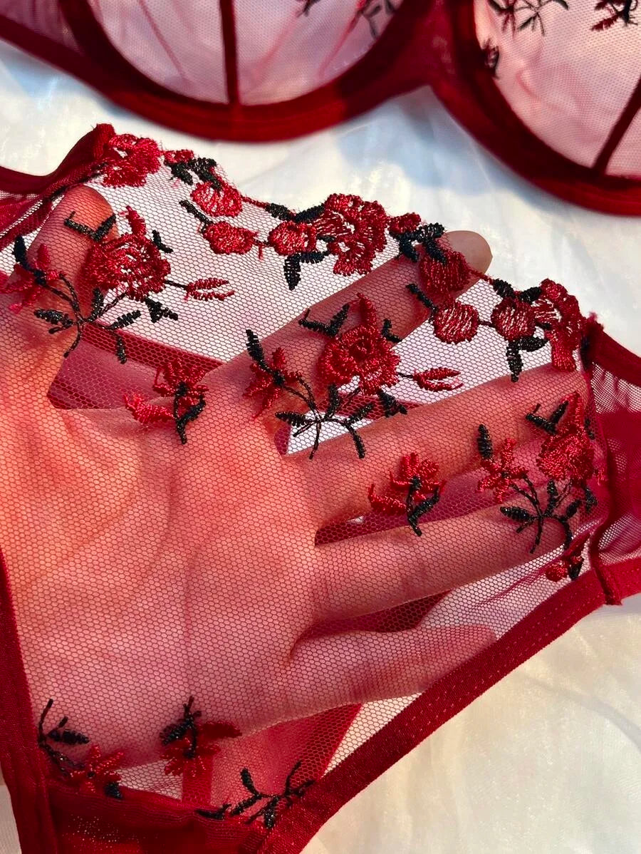 Ensemble deux pièces de lingerie transparente pour femme, string, soutiens-gorge push-up intimes, broderie, impression nœud papillon, sous-vêtements, vin, nouveau