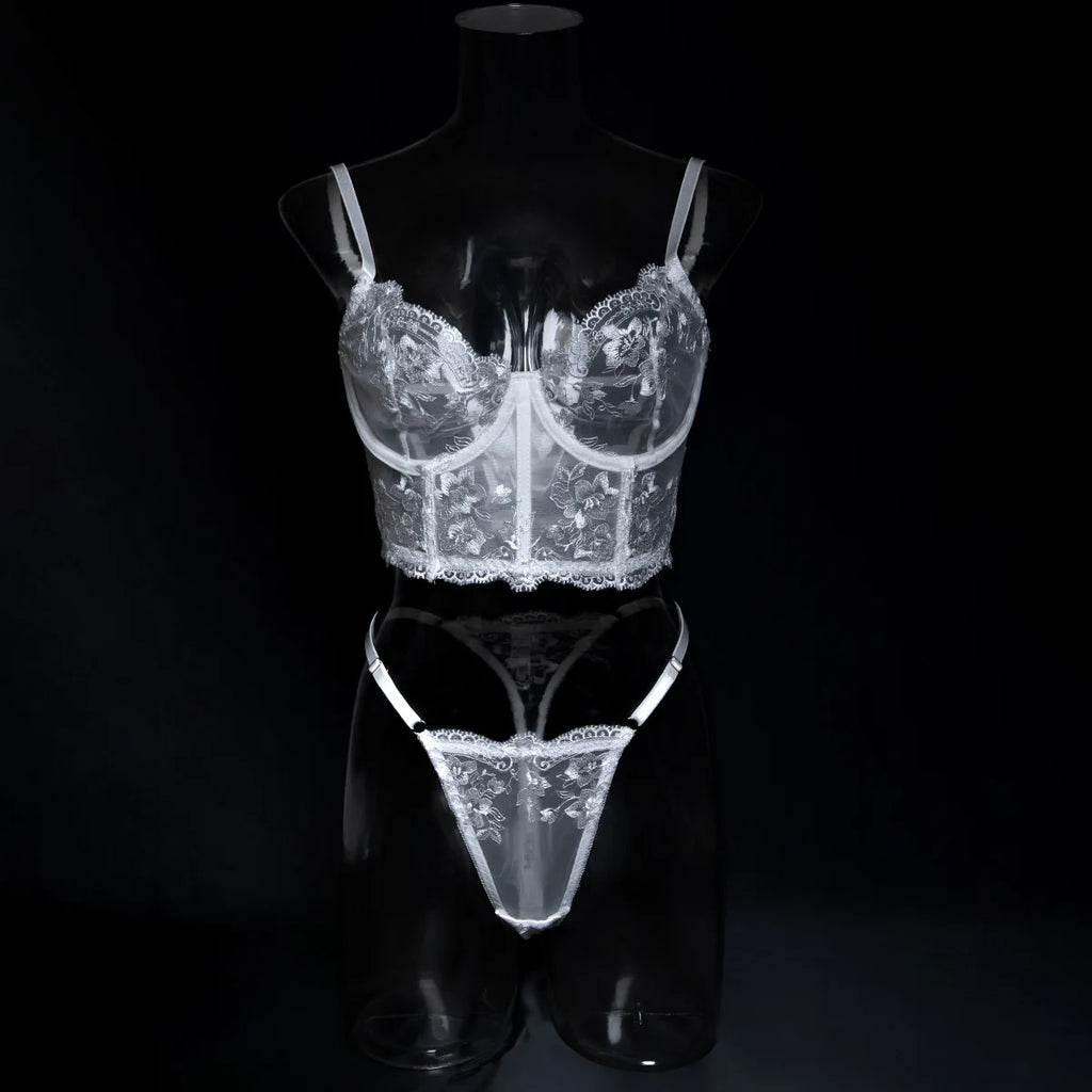 Romantique Sexy femme Lingere élégant Boudoir Corset soutien-gorge Hilitos 2PC ensemble voir à travers brodé français femme sous-vêtements