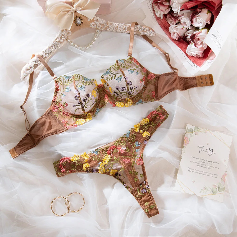 Ensemble soutien-gorge et culotte à fleurs pour femmes, ensemble deux pièces avec perspective, sous-vêtements sans censure, vêtements nette, sexy, 1300 ere, XXX