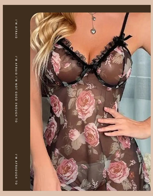 Chemise en mousseline de soie et dentelle florale pour femmes, ensemble de vêtements de nuit à bretelles réglables, cadeau romantique, vêtements de nuit transparents, poupée de saint-valentin, garniture noire U