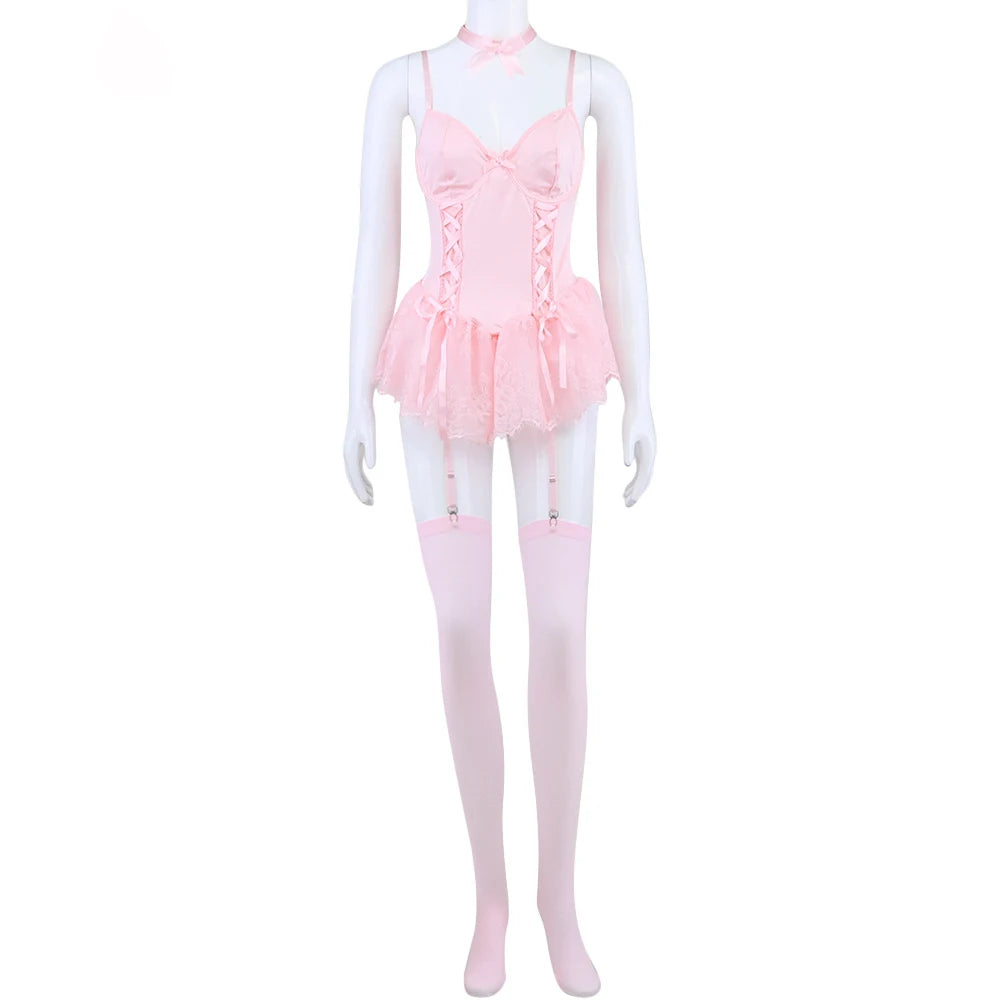 Corset en dentelle pour femmes, Lingerie Sexy, ensemble de 5 pièces avec bas et porte-jarretelles, OnlyFans, sous-vêtements fantaisie de serrage
