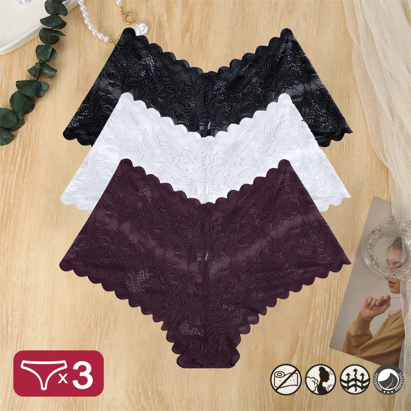 3 pièces femmes Sexy dentelle culottes Perspective florale Uderwear couleur unie intimes Boyshort femme taille en V respirant doux Lingerie