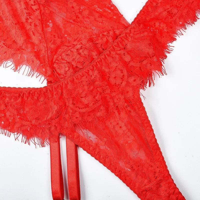 Toucheart-Ensemble de sous-vêtements en dentelle sexy pour femmes, jarretières transparentes en maille, document solide, ensemble de lingerie sexy, 4 pièces