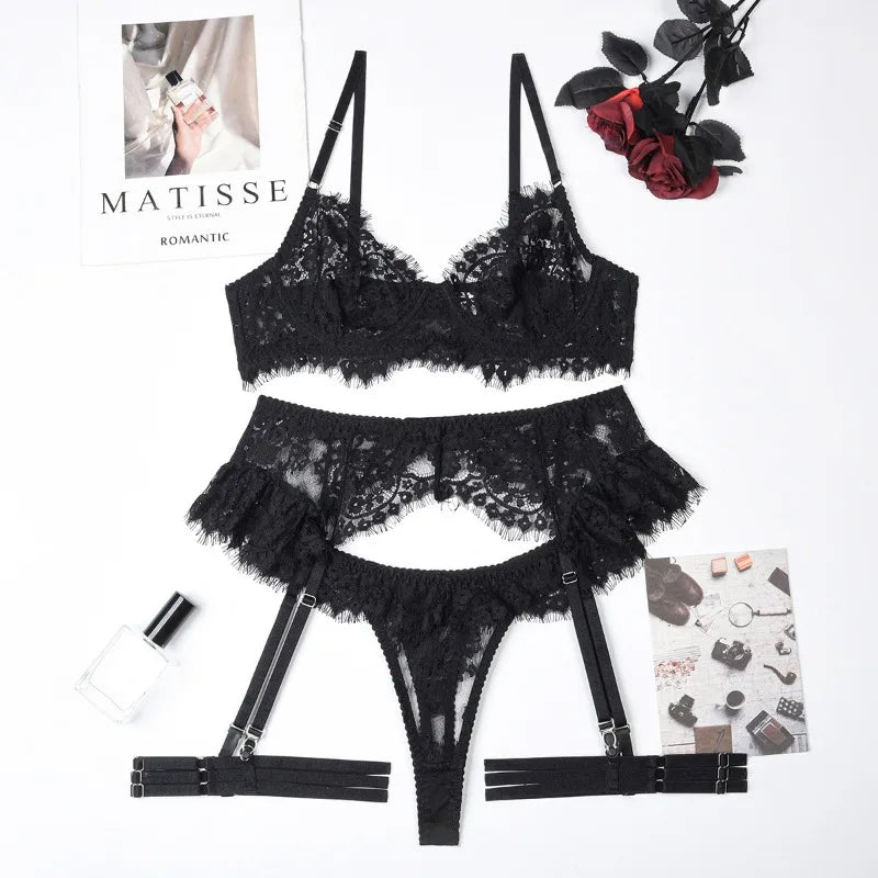 Toucheart-Ensemble de sous-vêtements en dentelle sexy pour femmes, jarretières transparentes en maille, document solide, ensemble de lingerie sexy, 4 pièces
