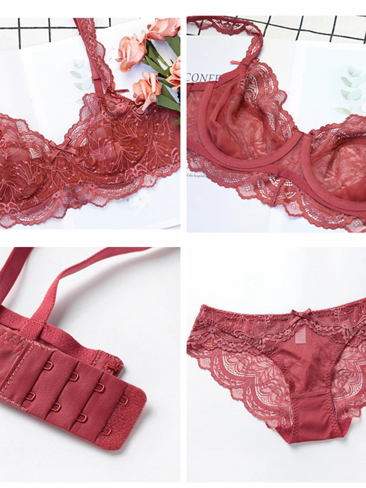 Ensemble soutien-gorge et culotte en dentelle transparente ultra fine pour femme, sous-vêtements sexy, lingerie, brassières, bonnets A B C D E, 95C 95D