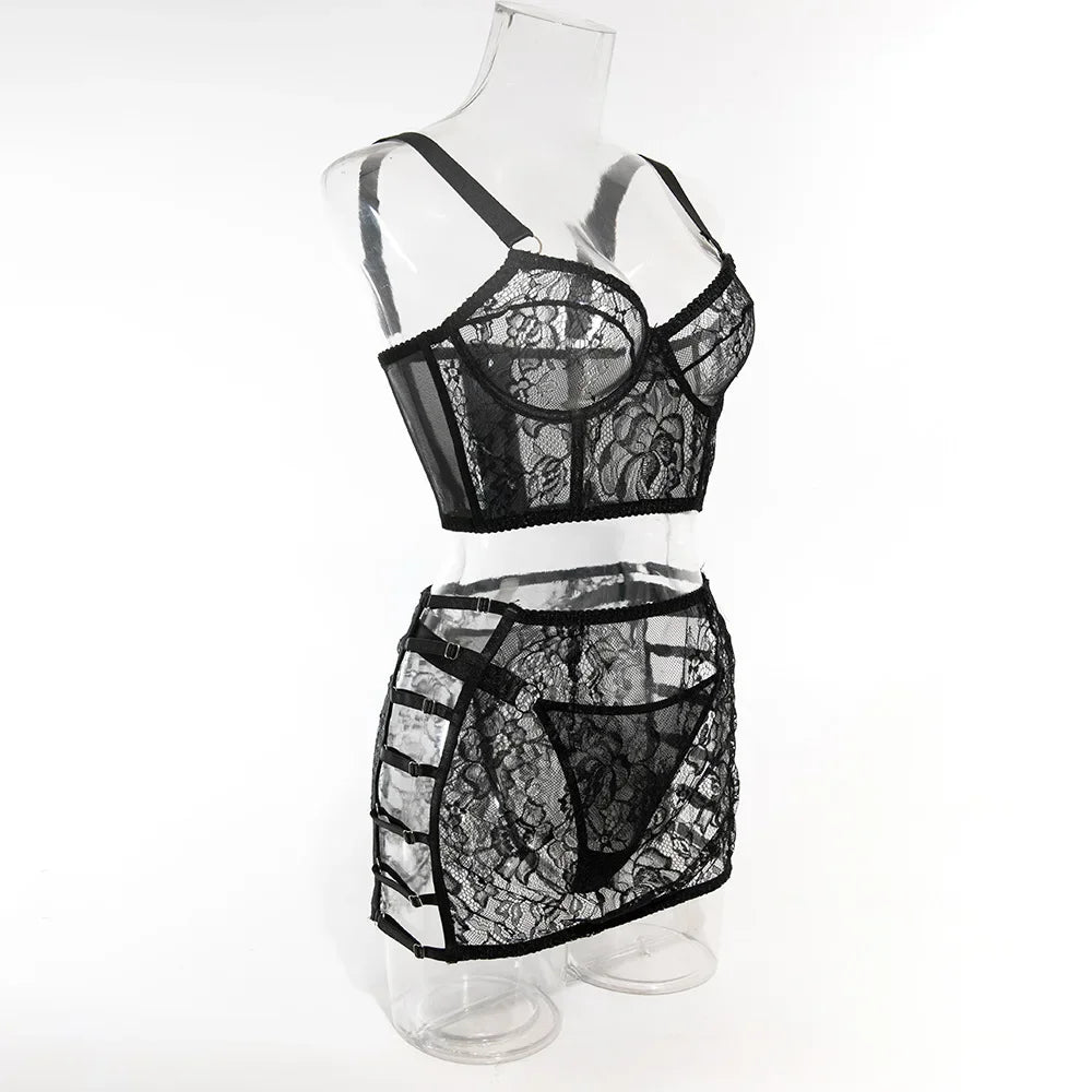Ensembles de Lingerie sensuelle fantaisie, jarretelles ajourées sur le côté, sous-vêtements pour femmes, transparent en dentelle chaude, nouveaux tenues