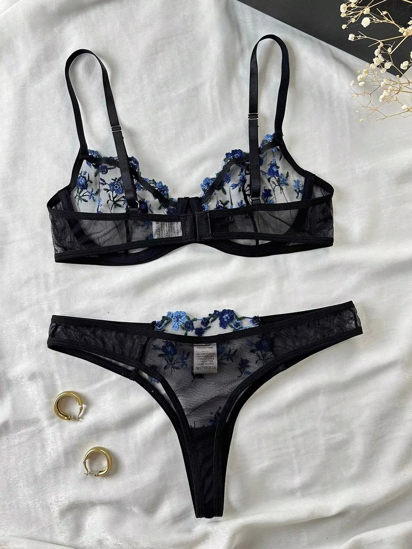 Érotique broderie bleu fragments floraux dentelle nuisette sensuelle Lingerie soutien-gorge ensemble pour femmes sous-vêtements intime Sexi culotte ensemble 2024