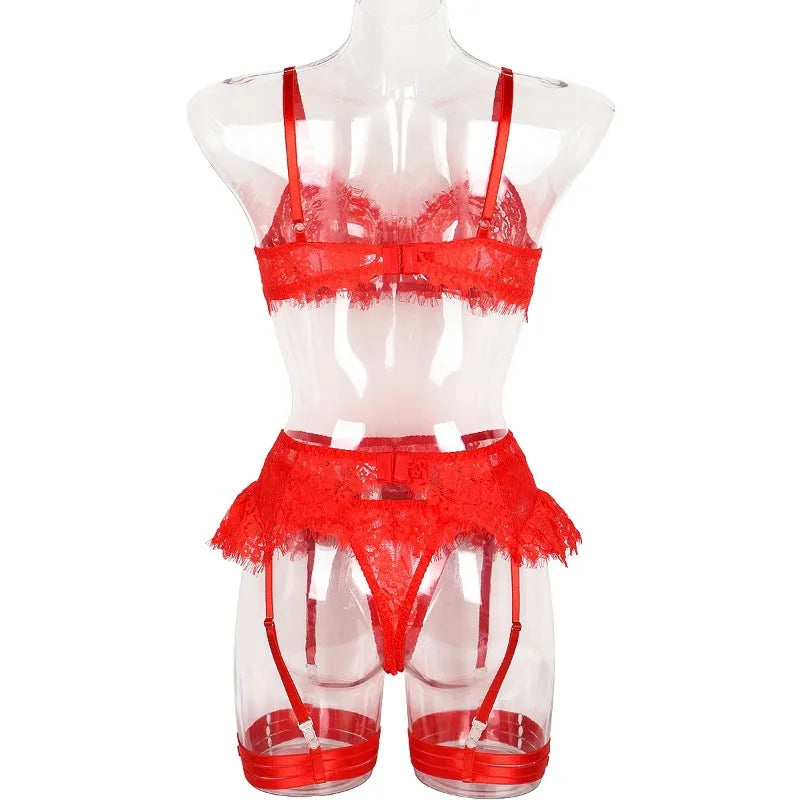 Toucheart-Ensemble de sous-vêtements en dentelle sexy pour femmes, jarretières transparentes en maille, document solide, ensemble de lingerie sexy, 4 pièces