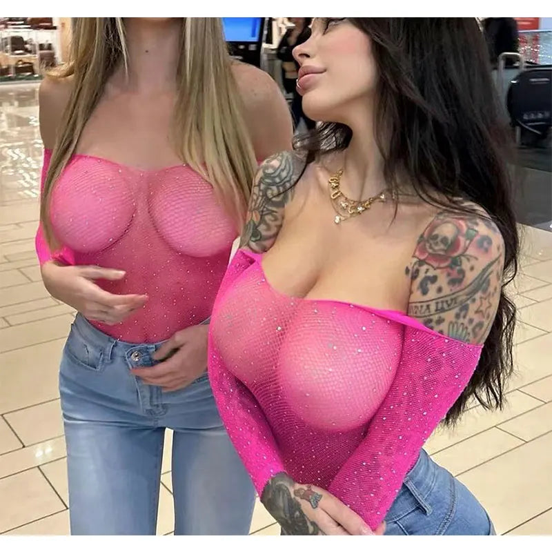 Lingerie Sexy pour femmes, haut à manches longues, haute élasticité, strass, body, grande taille, maille, tentation, short une pièce