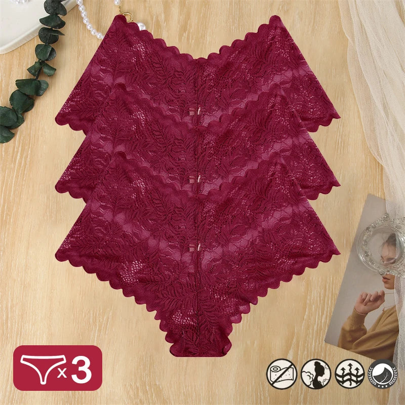 3 pièces femmes Sexy dentelle culottes Perspective florale Uderwear couleur unie intimes Boyshort femme taille en V respirant doux Lingerie