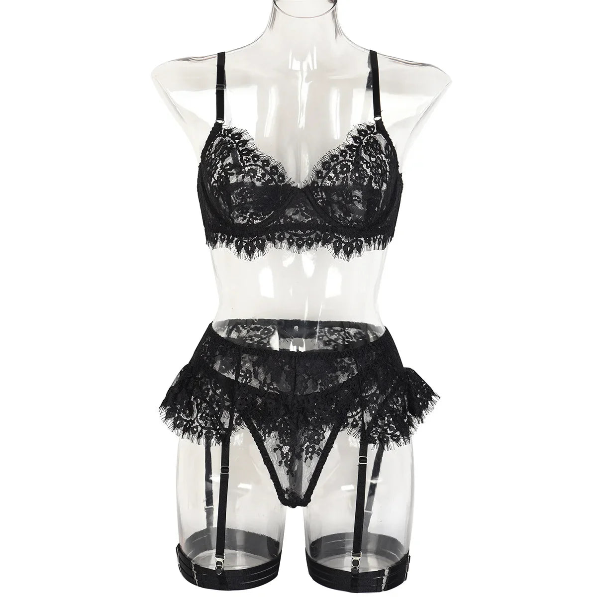 Toucheart-Ensemble de sous-vêtements en dentelle sexy pour femmes, jarretières transparentes en maille, document solide, ensemble de lingerie sexy, 4 pièces
