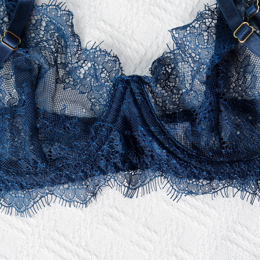 Diccvicc Lingerie Sexy cils chauds dentelle garniture pansement soutien-gorge porte-jarretelles avec sous-vêtements culotte Transparent intimité porter ensemble exotique