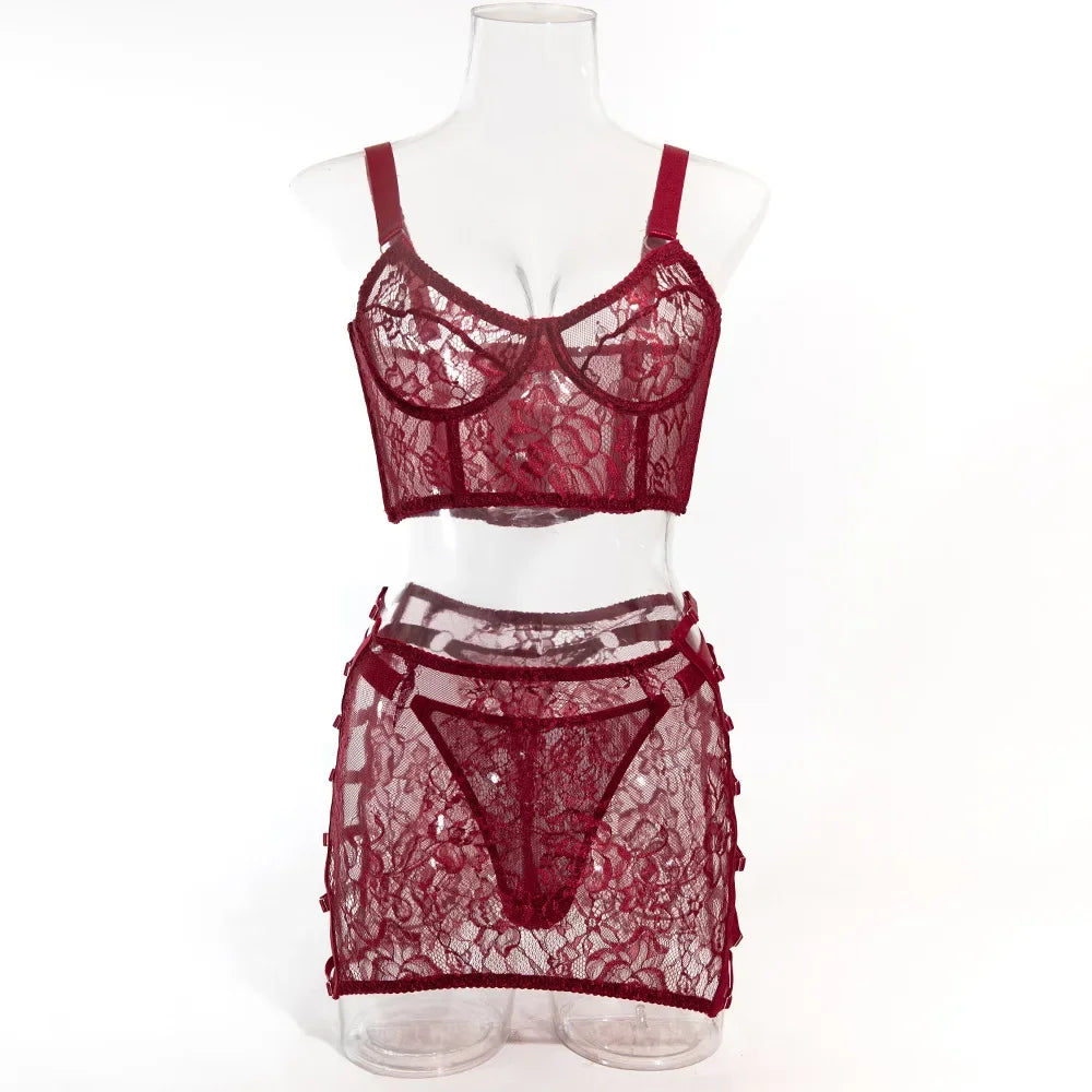 Ensembles de Lingerie sensuelle fantaisie, jarretelles ajourées sur le côté, sous-vêtements pour femmes, transparent en dentelle chaude, nouveaux tenues