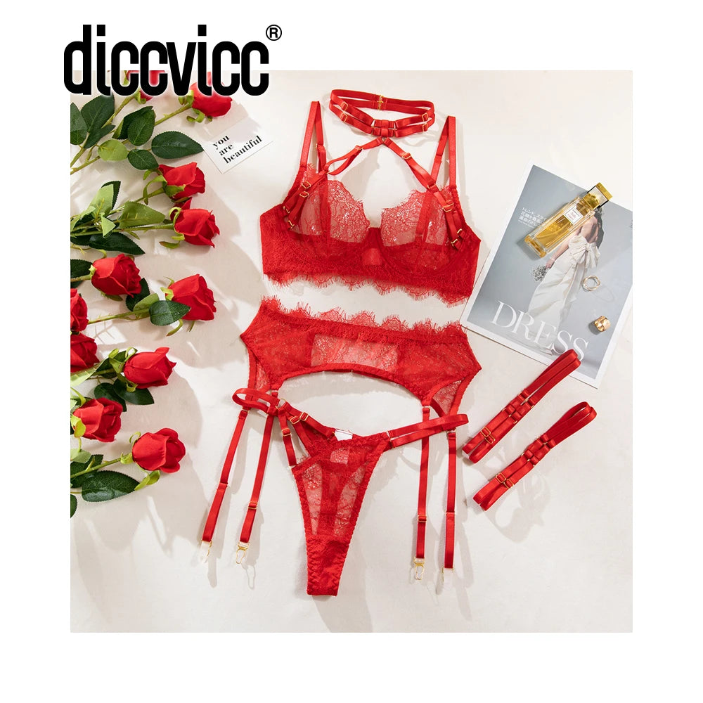 Diccvicc Lingerie Sexy cils chauds dentelle garniture pansement soutien-gorge porte-jarretelles avec sous-vêtements culotte Transparent intimité porter ensemble exotique