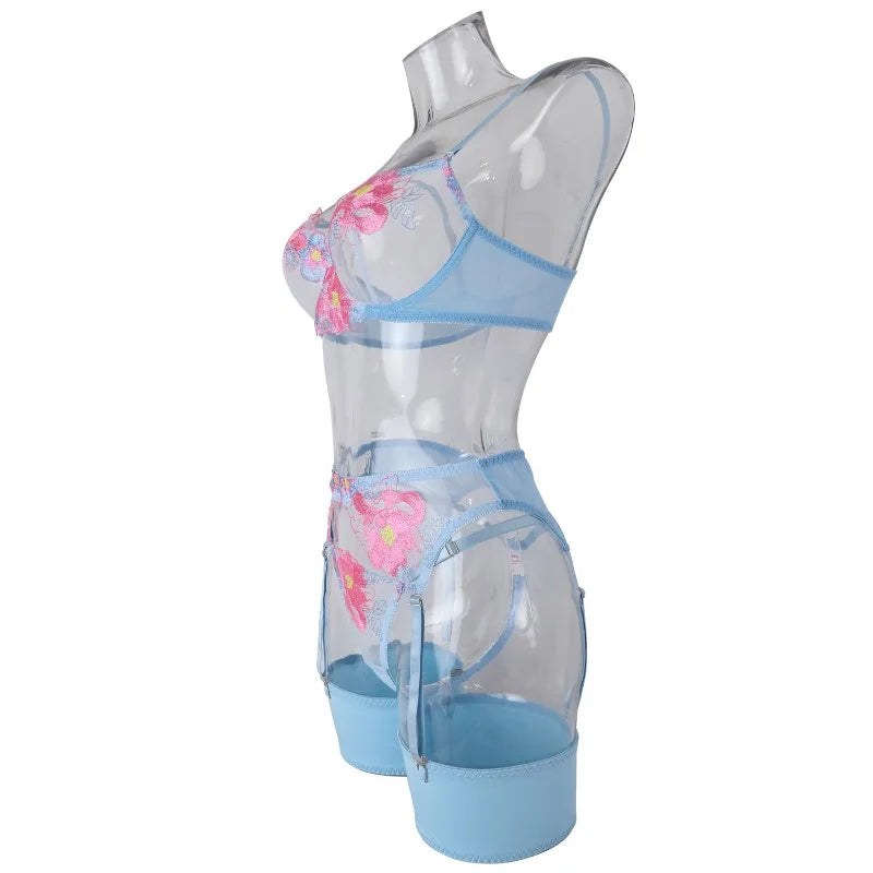 Ensemble soutien-gorge et slip Sexy pour femmes, maille transparente brodée en dentelle avec plusieurs couleurs, bretelles, soutien-gorge push-up érotique